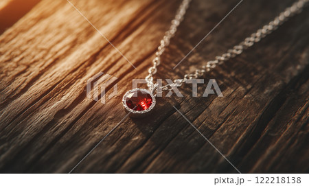 ガーネットの円型ペンダントと木目背景 122218138