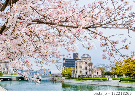 広島　原爆ドームと桜 122218269