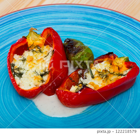 Photography of plate with pepper stuffed with brynza Photography of plate with pepper stuffed with brynza 122218579