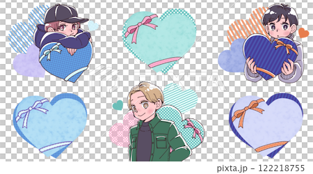 Illustration set of a boy holding a big heart and a heart with a ribbon 122218755