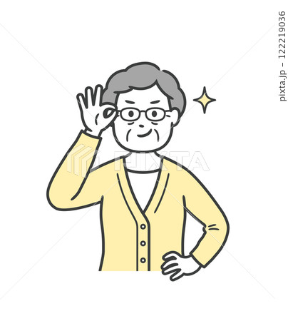 眼鏡を上げてニヤリと笑い自信を見せる後期高齢女性 眼鏡を上げてニヤリと笑い自信を見せる後期高齢女性 122219036