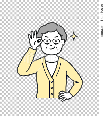 眼鏡を上げてニヤリと笑い自信を見せる後期高齢女性 眼鏡を上げてニヤリと笑い自信を見せる後期高齢女性 122219036