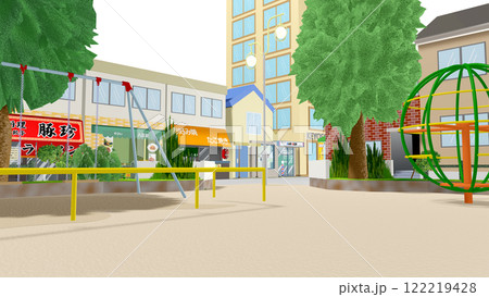 2Dアニメーションに最適な公園から商店街を望む背景画像です(空は透明のPNGデータです) 2Dアニメーションに最適な公園から商店街を望む背景画像です(空は透明のPNGデータです) 122219428