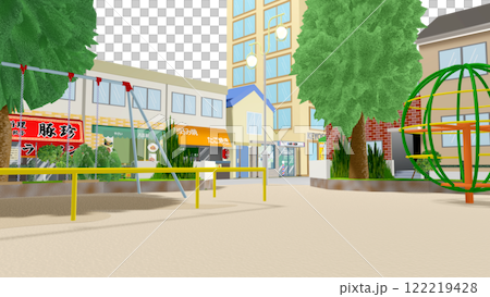 2Dアニメーションに最適な公園から商店街を望む背景画像です(空は透明のPNGデータです) 2Dアニメーションに最適な公園から商店街を望む背景画像です(空は透明のPNGデータです) 122219428