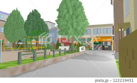 2Dアニメーションに最適な公園の向こうに商店街を望む背景画像です(空は透明のPNGデータです) 2Dアニメーションに最適な公園の向こうに商店街を望む背景画像です(空は透明のPNGデータです) 122219431