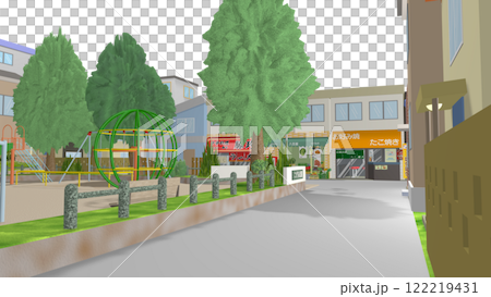 2Dアニメーションに最適な公園の向こうに商店街を望む背景画像です(空は透明のPNGデータです) 2Dアニメーションに最適な公園の向こうに商店街を望む背景画像です(空は透明のPNGデータです) 122219431