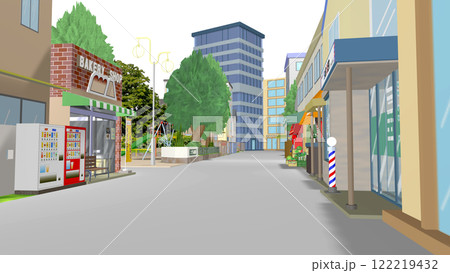 2Dアニメーションに最適な理髪店とパン屋さんの奥に公園を望む背景画像です(空は透明です) 2Dアニメーションに最適な理髪店とパン屋さんの奥に公園を望む背景画像です(空は透明です) 122219432