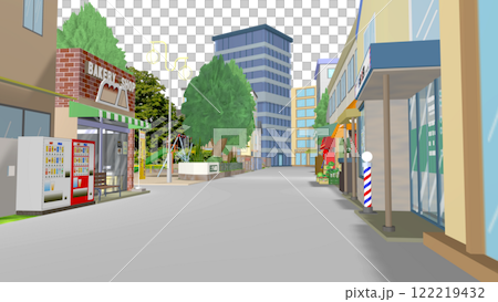 2Dアニメーションに最適な理髪店とパン屋さんの奥に公園を望む背景画像です(空は透明です) 2Dアニメーションに最適な理髪店とパン屋さんの奥に公園を望む背景画像です(空は透明です) 122219432