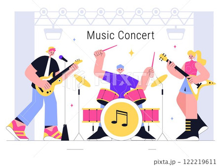 Music Concert Vector Illustration featuring an Artists Performance at a Live Music Event with Musical Instruments during a Summer Weekend Festival 122219611