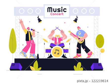 Music Concert Vector Illustration featuring an Artists Performance at a Live Music Event with Musical Instruments during a Summer Weekend Festival 122219614