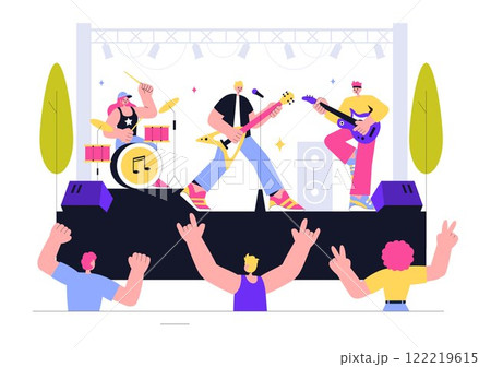 Music Concert Vector Illustration featuring an Artists Performance at a Live Music Event with Musical Instruments during a Summer Weekend Festival Music Concert Vector Illustration featuring an Artists Performance at a Live Music Event with Musical Instruments during a Summer Weekend Festival 122219615