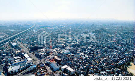 大阪府門真市、寝屋川市の建設地の景色などに使える上空150mからの街の景色をドローンで撮影。 122220021