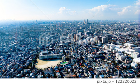 大阪府門真市、寝屋川市の建設地の景色などに使える上空150mからの街の景色をドローンで撮影。 122220022