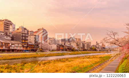 京都・鴨川の夕景と枝垂桜 京都・鴨川の夕景と枝垂桜 122220063