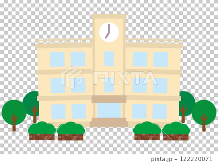 Vector illustration of a school building with hedges and flower beds 122220071