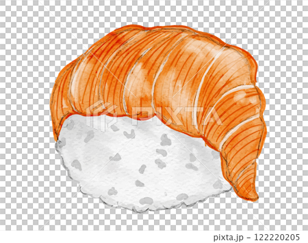 A stylish temari sushi ball drawn in a watercolor hand-drawn style. Salmon sushi illustration material 122220205