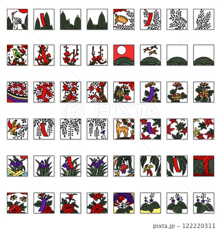 ステッカー風正方形シンプル花札アイコンセット（背景なし） 122220311