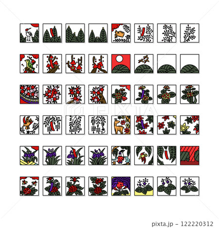 ステッカー風正方形ミニ花札アイコンセット（背景なし） 122220312