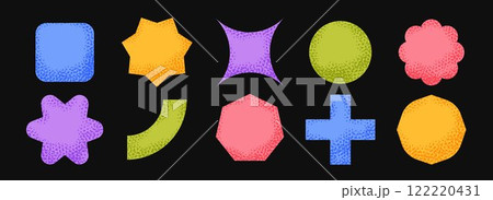 Bright kid sticker shape collection. Primitive geometric label element pack. Kids textured patch element bundle. Set of abstract dotted blank badges for price tag and sale promotion. Vector 122220431