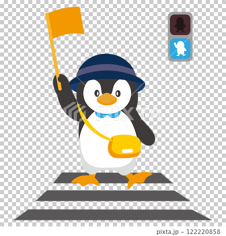Illustration of a kindergarten penguin crossing the street with a yellow flag Illustration of a kindergarten penguin crossing the street with a yellow flag 122220858
