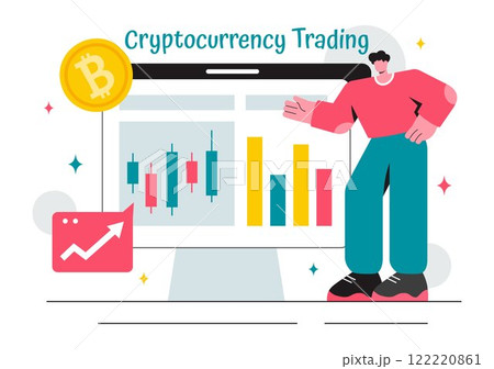 Cryptocurrency Trading Vector Illustration featuring a Pile of Coins, a Digital Currency Wallet, Blockchain Technology, and Bitcoin in a Background 122220861