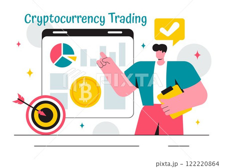 Cryptocurrency Trading Vector Illustration featuring a Pile of Coins, a Digital Currency Wallet, Blockchain Technology, and Bitcoin in a Background 122220864