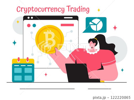 Cryptocurrency Trading Vector Illustration featuring a Pile of Coins, a Digital Currency Wallet, Blockchain Technology, and Bitcoin in a Background 122220865