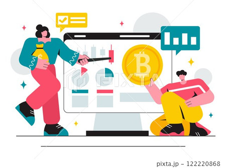 Cryptocurrency Trading Vector Illustration featuring a Pile of Coins, a Digital Currency Wallet, Blockchain Technology, and Bitcoin in a Background Cryptocurrency Trading Vector Illustration featuring a Pile of Coins, a Digital Currency Wallet, Blockchain Technology, and Bitcoin in a Background 122220868