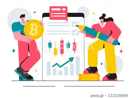 Cryptocurrency Trading Vector Illustration featuring a Pile of Coins, a Digital Currency Wallet, Blockchain Technology, and Bitcoin in a Background 122220869