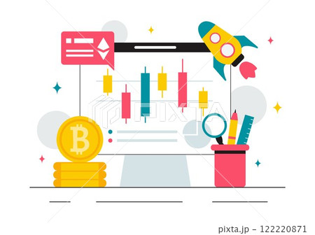 Cryptocurrency Trading Vector Illustration featuring a Pile of Coins, a Digital Currency Wallet, Blockchain Technology, and Bitcoin in a Background 122220871