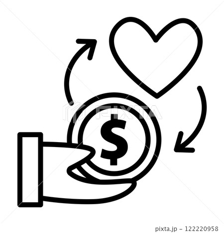 好きなことにお金を使うイメージアイコン。ドル硬貨がハートに変化しています。 好きなことにお金を使うイメージアイコン。ドル硬貨がハートに変化しています。 122220958