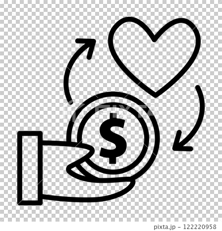 好きなことにお金を使うイメージアイコン。ドル硬貨がハートに変化しています。 好きなことにお金を使うイメージアイコン。ドル硬貨がハートに変化しています。 122220958