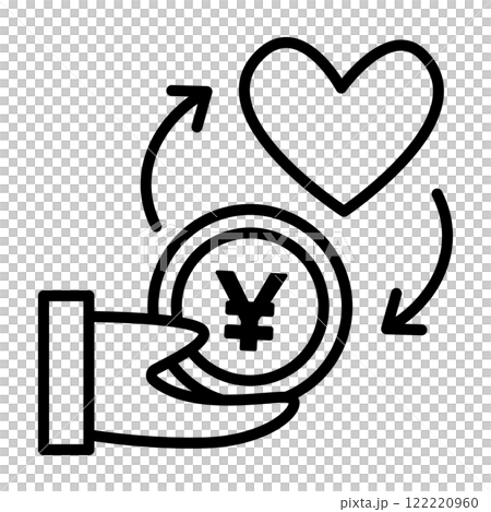 An icon showing spending money on things you like. The yen coin has changed into a heart. 122220960