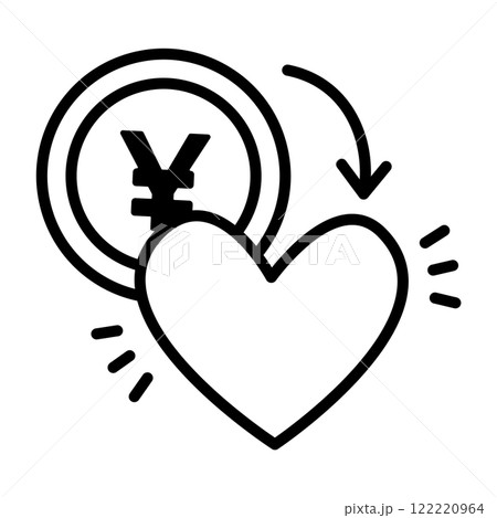 好きなことにお金を使うイメージアイコン。円硬貨がハートに変化しています。 122220964