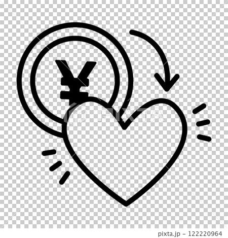 好きなことにお金を使うイメージアイコン。円硬貨がハートに変化しています。 122220964