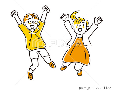 笑顔でジャンプする子どもたちの手描きイラスト 122221182