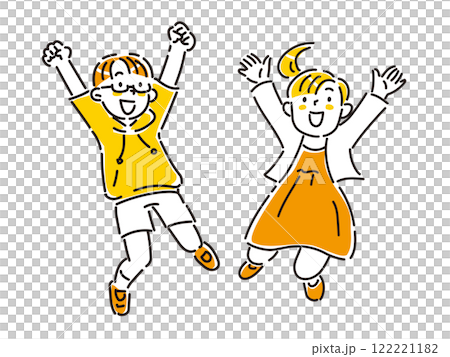 笑顔でジャンプする子どもたちの手描きイラスト 122221182