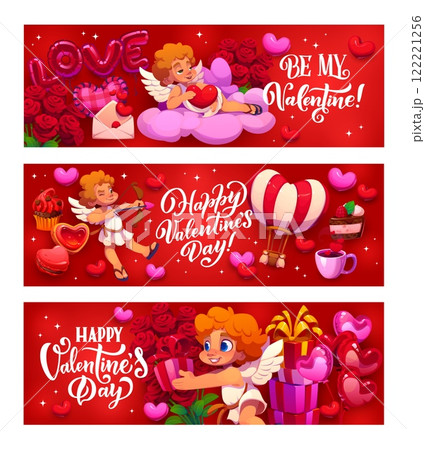 Cherubs and cupid angels valentines day banners. Vector greeting cards with Amours, hearts, roses, gifts, balloons, desserts, and festive lettering, exude love and celebration with romantic personages 122221256