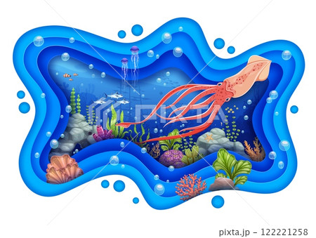 Paper cut underwater landscape with squid, fish shoal, seaweeds and corals. 3d vector frame with undersea world, cartoon tropical fishes and jellyfish, evokes a sense of serenity of marine life Paper cut underwater landscape with squid, fish shoal, seaweeds and corals. 3d vector frame with undersea world, cartoon tropical fishes and jellyfish, evokes a sense of serenity of marine life 122221258