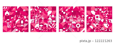 Valentines Day tile geometric shape patterns of pink hearts, circles, squares and triangles mosaic. Abstract vector graphic backgrounds set of Valentines Day romantic love holiday geometric shapes 122221263