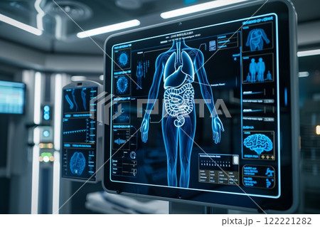 Advanced medical display shows human anatomy and health data in a modern facility 122221282