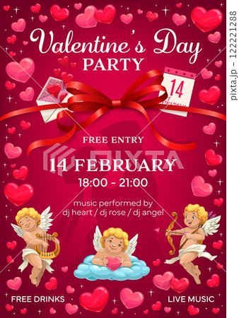 Valentines day party flyer with romantic hues of red and pink. Vector festive invitation poster featuring angels or cherubs, hearts, red ribbon, calendar page with 14 February date and mail envelope Valentines day party flyer with romantic hues of red and pink. Vector festive invitation poster featuring angels or cherubs, hearts, red ribbon, calendar page with 14 February date and mail envelope 122221288