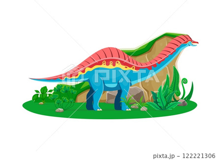 Paleontology Amargasaurus dinosaur cute character. Extinct lizard, reptile or Jurassic era animal comic cartoon vector character. Prehistoric dinosaur isolated personage with long neck and comb 122221306