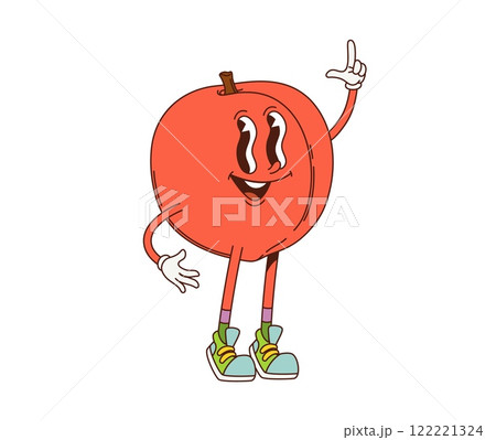 Cartoon peach fruit funny groovy character. Raw sweet fruit groovy happy mascot. Fresh and ripe peach funky isolated vector character or natural food retro cartoon cheerful personage 122221324