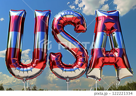 Colorful USA balloons floating against a bright blue sky with clouds 122221334