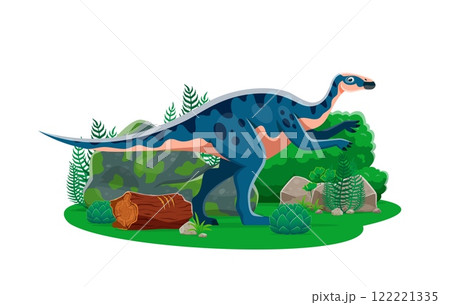 Aralosaurus prehistoric dinosaur cartoon character. Isolated vector herbivore dino reptile animal, genus of hadrosaurid dinosaur in natural environment with plants and rock. Late cretaceous era lizard 122221335