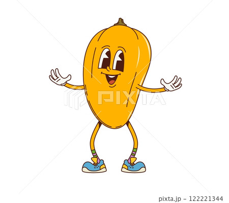 Cartoon retro groovy papaya fruit character. Fresh exotic pawpaw fruit funny personage, ripe tropical papaya cheerful cartoon groovy isolated vector happy mascot. Healthy food dessert cute character 122221344