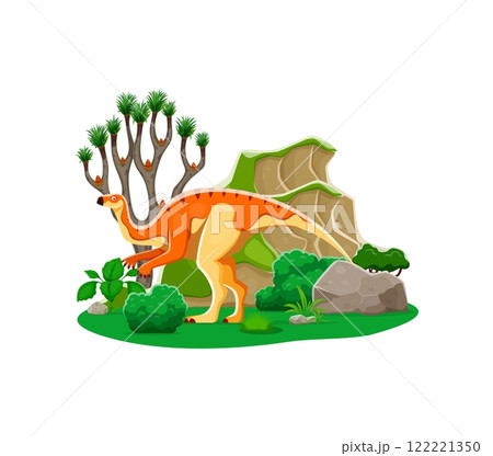 Probactosaurus prehistoric dinosaur cartoon character. Isolated vector herbivore reptile animal in natural landscape with plants, tree and rock. Early Cretaceous era lizard of Hadrosauroidea family Probactosaurus prehistoric dinosaur cartoon character. Isolated vector herbivore reptile animal in natural landscape with plants, tree and rock. Early Cretaceous era lizard of Hadrosauroidea family 122221350