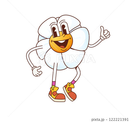 Cartoon groovy daisy chamomile flower character. Funky daisy funny groovy isolated vector character. Spring blooming plant cute personage or summer chamomile happy smiling mascot showing thumb up 122221391