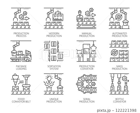 Mechanic robot manufacture, automatic and manual mass production, vector line icons. Robotic automated production line with manufacture robot conveyors and factory machine technology linear pictograms 122221398